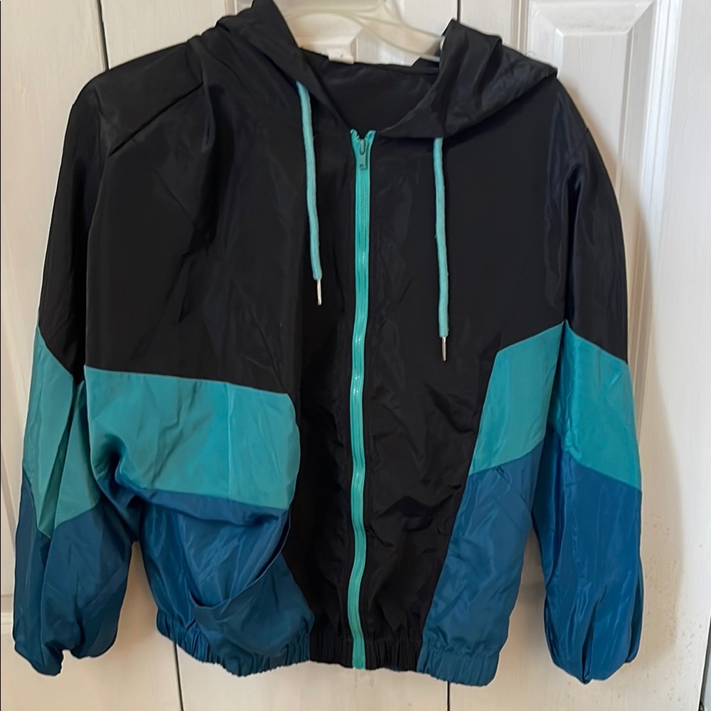 Black and Teal Colorblock Windbreaker Jacket